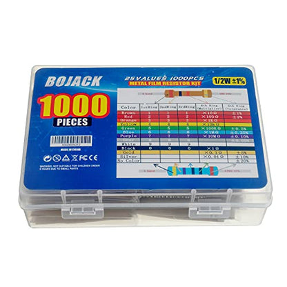 BOJACK 1000 Pcs 25 Values Resistor Kit 1 Ohm-1M Ohm with 1% 1/2W Metal Film Resistors Assortment - size: 1/2 W