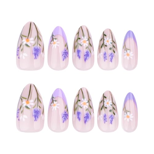 RTKHFZE Press on Nails Almond French Tip Fake Nails Medium False Nails with Flower Designs Artificial Nail Glossy Purple Glue on Nails Cute Summer Stick on Nail for Women 24Pcs - color: Style06
