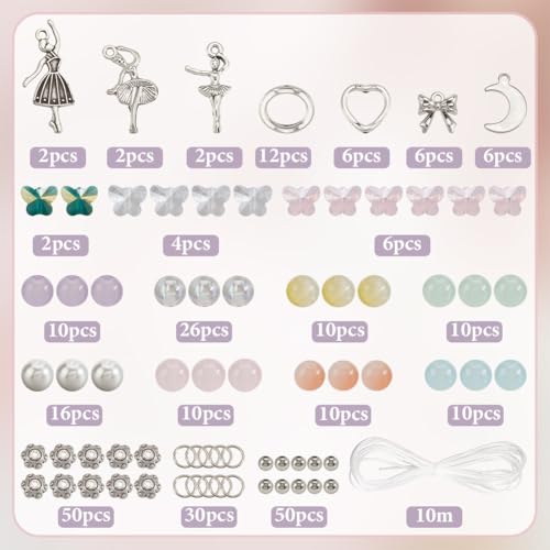 SUNNYCLUE 1 Box 280pcs DIY 6 Sets Glass Bead Bracelet Making Kit Dancer Charms Ballet Dance Bowknots Moon Light Sea Green Electroplate Butterfly Bead With Silver Heart Frame For Jewelry Making Starter - style: Dance 3
