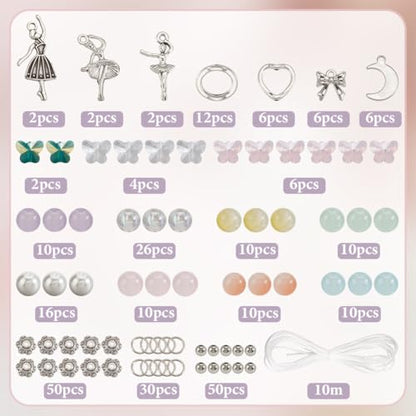 SUNNYCLUE 1 Box 280pcs DIY 6 Sets Glass Bead Bracelet Making Kit Dancer Charms Ballet Dance Bowknots Moon Light Sea Green Electroplate Butterfly Bead With Silver Heart Frame For Jewelry Making Starter - style: Dance 3