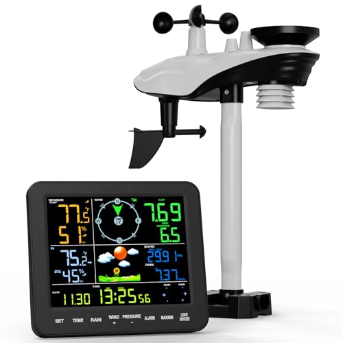 Home Weather Station with Rain Gauge and Wind Speed, Weather Stations Wireless Indoor Outdoor with Rain Gauge Outdoor, Forecast, Temperature, Humidity, Moon Phase, Alarm Clock(No WiFi)