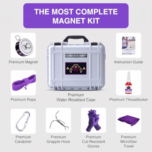 2600LB’s Complete Magnet Fishing Kit | Double Sided Fishing Magnet Kit with Case | Includes Strong Neodymium N52 Magnets, Durable 65ft Rope, Carabiner, Gloves, Grappling Hook & Carry Case - size: 2600 LB Double Sided Magnet Kit