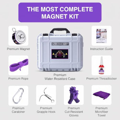 2600LB’s Complete Magnet Fishing Kit | Double Sided Fishing Magnet Kit with Case | Includes Strong Neodymium N52 Magnets, Durable 65ft Rope, Carabiner, Gloves, Grappling Hook & Carry Case - size: 2600 LB Double Sided Magnet Kit