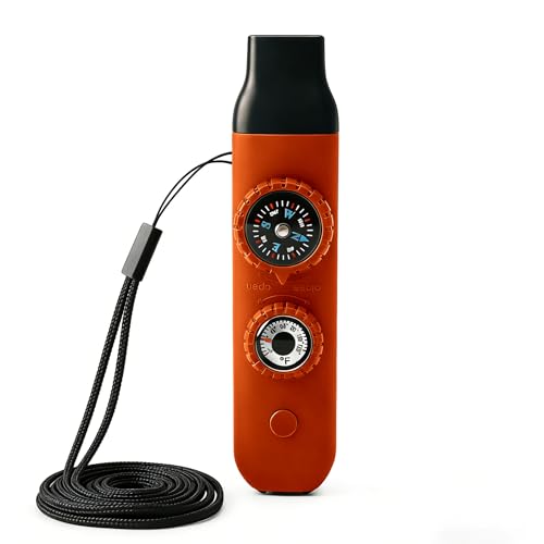 Multifunctional Survival Emergency Whistle for with Compass Hiking Survival, Thermometer & Neck Lanyard | Emergency Safety Gear for Hiking, Camping, Kayaking, Boating, Climbing - color: orange red