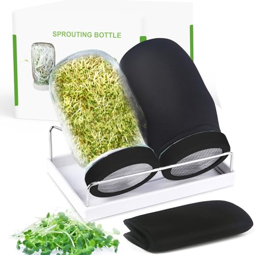 Kitmiido Organic Seed Sprouting Jar Kit – 2 × 32 oz Wide-Mouth Mason Jars with Stainless-Steel Sprouter Lids & Stand, Blackout Sleeves, Drain Tray – Grow Broccoli, Alfalfa & Bean Microgreens - color: Black
