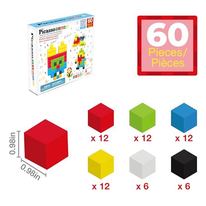 PicassoTiles 60pc Magnetic Puzzle Cube Building Set 1 Inch 3D Blocks STEM Construction Toy for Toddlers Kids Boys Girls Age 3+ Montessori Learning Travel Sensory Gift with Educational Idea Book PMC60 - style: 60 Pieces 1"