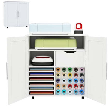 Craft Cart Cabinet Compatible with Cricut for Storage Organization, Rolling Craft Cabinet Table Stand Workstation with Vinyl Roll Holder with Wheels for Craft Room Organizer 31.6"W x 15.8"D x 33.7"H