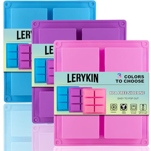 LERYKIN 3 Pack Silicone Soap Molds, 6 Cavities Rectangle Silicone Mold, Great for Homemade Craft Soap Mold, Chocolate, Cake Molds ＆ Ice Cube Tray - Just Pop Out（Pink & Blue & Purple） - color: Pink+Blue+Purple - Rectangle