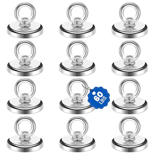 MIKEDE Strong Neodymium Fishing Magnets 12 Pack 60 lbs(27KG) Pulling Force - size: 0.98"(25 mm) -60lbs