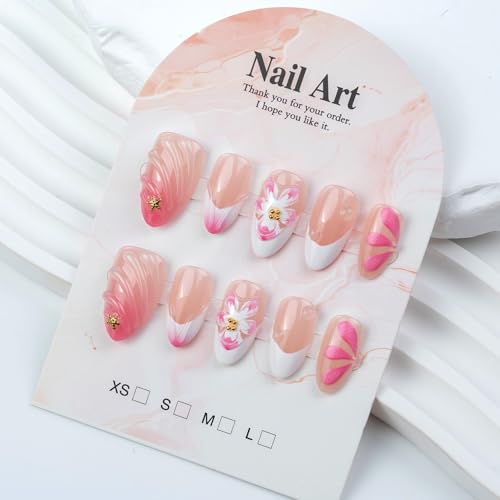 Pink Press on Nails Almond Short 3D Flowers Press on False Nails with Gold Charms Water Drop Stick on Nail for Women 30pcs - color: Color44