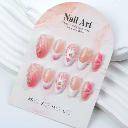 Pink Press on Nails Almond Short 3D Flowers Press on False Nails with Gold Charms Water Drop Stick on Nail for Women 30pcs - color: Color44