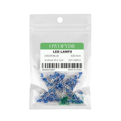 100-Pack 3mm Blue LED Diffused 2-Pin Through-Hole LEDs - color: BLUE, size: 3MM