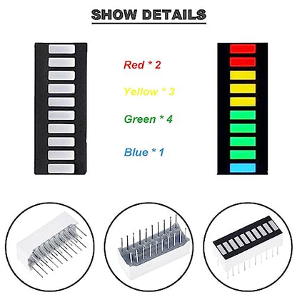8 pcs 10 Segment LED Bar Graph Display red Yellow Blue Green Indicator Color Bar Indicator + 8 pcs DIP-20 Socket for Arduino Electronics Project DIY