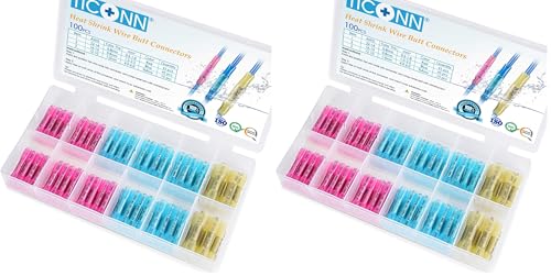 TICONN 100PCS Heat Shrink Butt Wire Connector Kit, Insulated Waterproof Electrical Wire Crimp Terminals Butt Splice for Marine Automotive (100PCS) (Pack of 2) - size: Mix 100 PCS (Pack of 2)