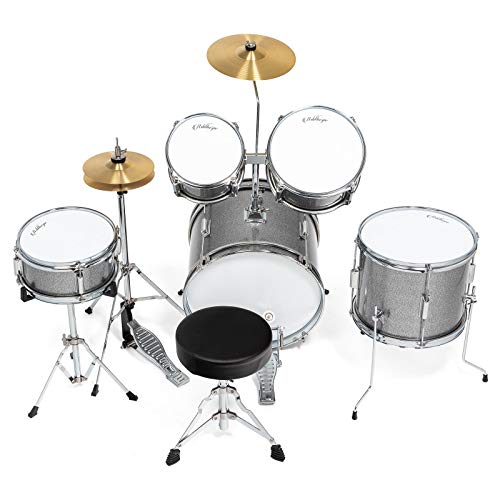 Ashthorpe 5-Piece Complete Kids Drum Set with Genuine Brass Cymbals - Junior Beginner Kit with 16" Bass, Throne, Hi-Hats, Pedals & Drumsticks - Silver - color: Silver