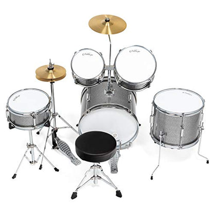 Ashthorpe 5-Piece Complete Kids Drum Set with Genuine Brass Cymbals - Junior Beginner Kit with 16" Bass, Throne, Hi-Hats, Pedals & Drumsticks - Silver - color: Silver