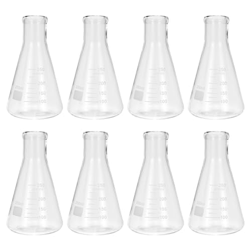 PATIKIL Erlenmeyer Flask, 8Pcs 250ml 8oz Narrow Mouth Graduated Flasks Borosilicate Glass with Printed Graduation for Lab Experiment Chemistry Science Study - size: 250ml/8oz