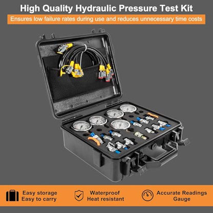 Hydraulic Pressure Test Kit with 5 Gauges(Max 10000 PSI), 13 Test Couplings 14 Tee Connectors 5 Test Hoses, Hydraulic Nitrogen Gauge Tester Set with Carrying Case for Excavator Construction Machinery - size: 5 Gauges 13 Test Couplings
