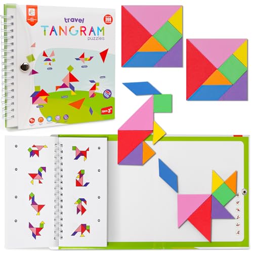 Travel Tangram Puzzle with 2 Sets Magnetic Pieces & 368 Patterns, Montessori STEM Airplane & Quiet Car Ride Games, Educational Brain Teaser Toy Gift for Kids Ages 4-8