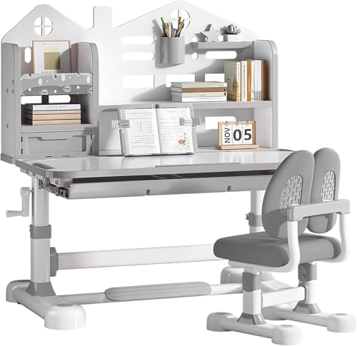 Kids Desk and Chair Set for Ages 3-12 Ergonomic Study Desk (Grey) - color: 015- Grey-1
