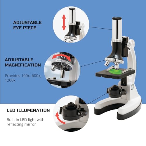 Discovery #MINDBLOWN Microscope Set 48-Piece with Durable Metal Framework, 100X to 1200X Magnification, Complete Set with Test Tubes, Tools, Slides and More