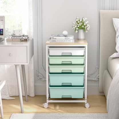SYKIARIOL Rolling Cart with Drawers,5 Drawers Storage Cart,Light Green - color: Green