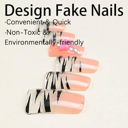 Long Duck Shape Press on Nails Pink Nude Glossy Fake Nails with 3D Lip Charm Rhinestones Designs Nails Press Ons Reusable Stick On Nails for Women 24Pcs - color: Style 23