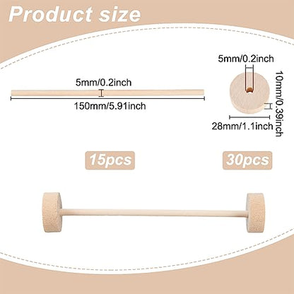 OLYCRAFT 30Pcs Wooden Craft Wheels 1.1x0.4 Inch With 15Pcs 5.9 Inch Sticks - Small Flat Wood Wheels for DIY Model Cars and Crafts Supplies - size: 1.1 inch x 0.4 inch