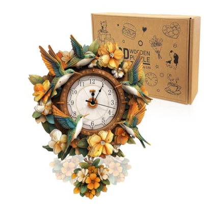 3D Puzzles for Adults Wooden Hummingbird Puzzle Clock Adult Crafts - color: Hummingbird Clock