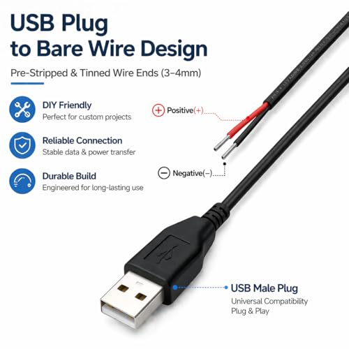 3.28ft Black USB Pigtail Cable 2-Pack with Wire Connectors - color: Wire Connectors&Black 3.28FT USB 2.0 Male