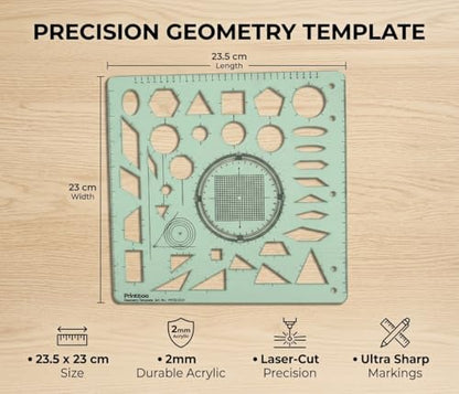 Printtoo 2 mm Thick Geometry Template Ruler, Transparent Green Acrylic Drafting Stencil with Circle, Triangle, Square & Polygon Shapes, Metric Scale for Engineering & Design - color: Series-PRTD-2121A