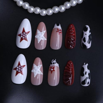Almond Press on Nails Medium Nude Fake NailLeopard Acrylic Nail Press ons Star Stick on Nails for Women 24pcs - color: Color07