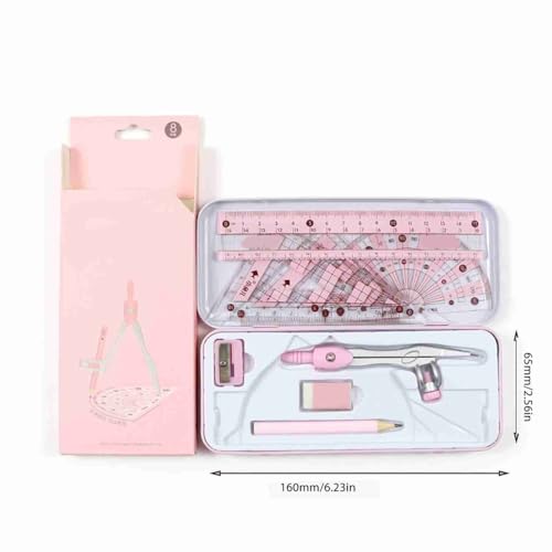 8Pcs Geometry Drawing Kit Multifunctional Easy to Use Math Tools with Compass, Protractor and Rulers in Metal Storage Box(Pink) - color: Pink