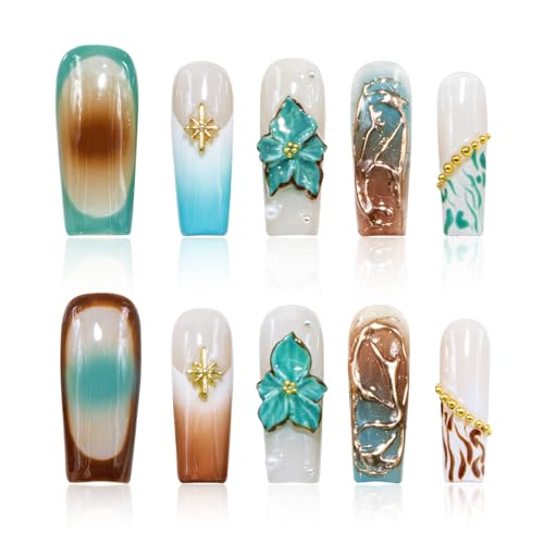 Handmade Square Coffin Press on Nails – Ocean Ombre Blue Bronze Nails with 3D Carved Flower & Gold Foil, Reusable Glossy Stick on Fake Nails, 10pcs Acrylic Nail Set with Tool Kit (Size M) - color: 01, size: Medium