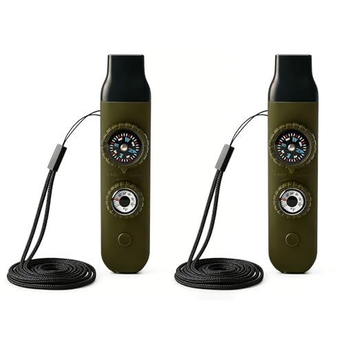 Multifunctional Survival Emergency Whistle for Kids with Compass Hiking Survival, Thermometer & Neck Lanyard | Emergency Safety Gear for Hiking, Camping, Kayaking, Boating, Climbing - color: army green2pcs