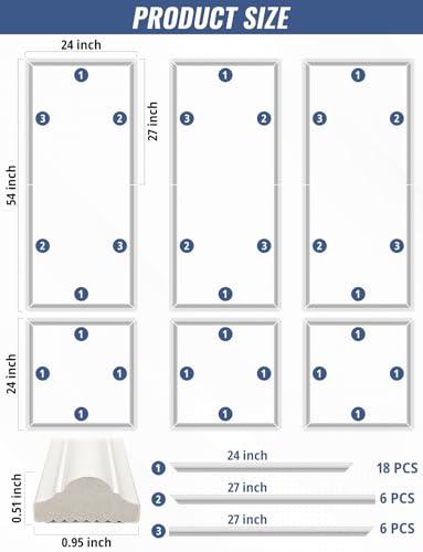 Peel and Stick Wall Molding Kit, 3 Set Pre-Cut Wainscoting Panels, 24x54in