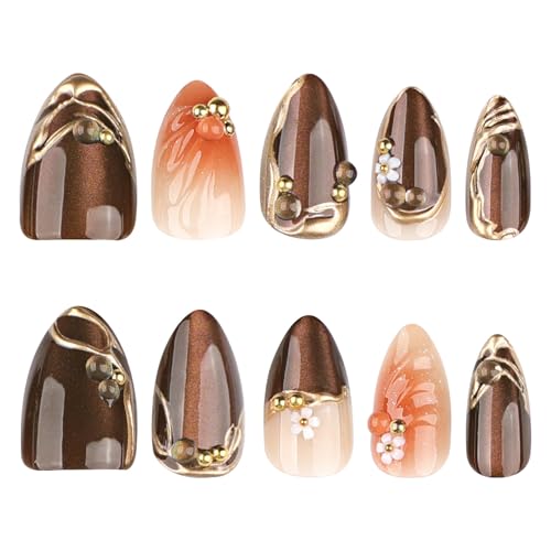 Almond Press on Nails Short Brown Fake Nail Gold Embossed Acrylic Nail Press ons Daisy Charm Stick on Nail for Women 24pcs - color: Color32
