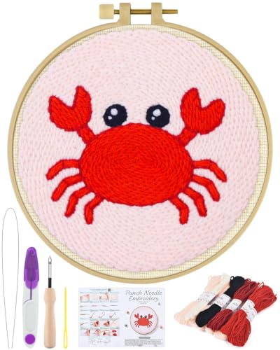 ERKOON Punch Needle Kit Beginners Adults, Zodiac Easy Embroidery Set for Starter Art Craft, Needling Punching Project with Patterns, Tools, Yarns, Hoop, Instruction (Cancer) - color: Cancer