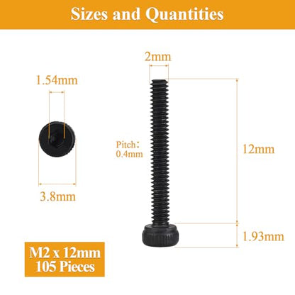 105 Pieces M2 x 12mm Socket Head Cap Screws, Thread Pitch 0.4mm, Sutemribor M2 Black Screws, 12.9 Grade Alloy Steel, Black Oxide Finish, Fully Threaded - size: M2 x 12mm, style: Socket Head