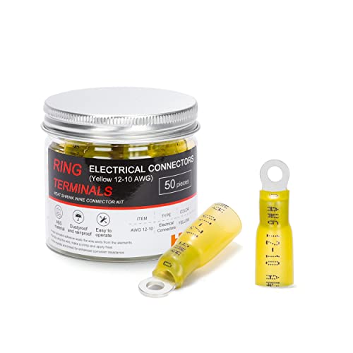 HKS 50 PCS Ring Terminals #6 Yellow 12-10 AWG - M3.5 - Electrical Connectors - Heat Shrink Wire Connector Kit - Tinned Red Copper - Automotive Marine Ring Connectors - Waterproof and Insulated - color: Yellow, size: #6 (M3.5)