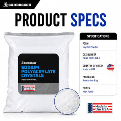Sandbaggy Sodium Polyacrylate Crystals - Super Absorbent Polymers - Plant Hydration, Fake Snow, Ice Packs, Spill Cleanup, Skincare - Non Toxic, Made in The USA [CAS 9003-04-7] (360 lb - 5760 oz) - size: 360 lb (5760 oz)