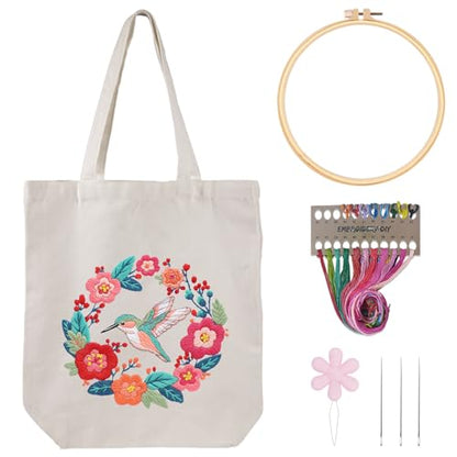 Louise Maelys Hummingbird Embroidery Kit Canvas Tote Bag for Beginners - color: Humming Bird