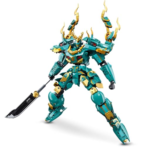 HIGH GODO Mech Robot Building Blocks Set for Adults, Cool Green Dragon Warrior Model Kit with Long Spear Toy Playset, 704 Pieces Collectible Mythical Ninja Gifts for Teens Ages 14+ - color: Green