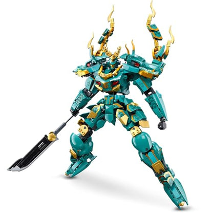 HIGH GODO Mech Robot Building Blocks Set for Adults, Cool Green Dragon Warrior Model Kit with Long Spear Toy Playset, 704 Pieces Collectible Mythical Ninja Gifts for Teens Ages 14+ - color: Green