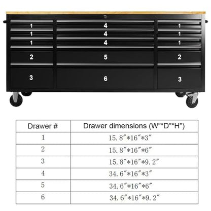 72-inch Rolling Tool Chest with 15 Drawers, Mobile Workbench, Assembled Large Tool Box Lockable Storage Cabinet with Wheels for Garage Workshop (72'' w/15 Drawers - Black) - size: 72'' w/15 drawers - Black