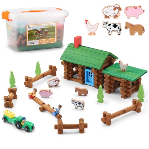 SainSmart Jr. Wooden Logs Set with Container - Classic Building Logs Ages 3+ - Best Retro Building Gift Set for Boys - Creative Construction Engineering Educational Gifts - style: Bonus Storage Box - 122 Pcs