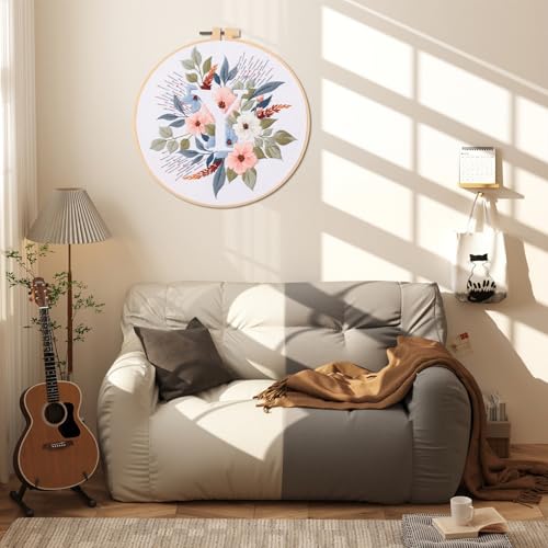 IUHUI Embroidery Kit for Beginners Adults - 26 Floral Letters Easy Patterns, DIY Hand Stitching Embroidery Set with Hoop (Flower and Grass Letter Y) - color: Flower and Grass Letter Y