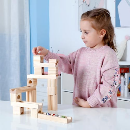 Wooden Marble Run for Kids Ages 4-8, 60 Pieces Wood Building Blocks Toys and Construction Play Set, Marble Track Maze Game STEM Learning Toys Gifts for Boys Girls - color: 60 Pcs