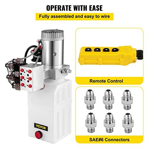VEVOR Hydraulic Power Unit 6 Quart 6 Way Hydraulic Pump Double Acting Hydraulic Power Unit 12V DC Dump Trailer Car Remote with Plastic Oil Reservoir (Plastic, Double Acting)