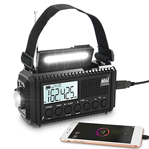 Weather Radio Auto Alert Digital with LCD Screen, 5000mAh 5 Way Powered - color: Pure Black